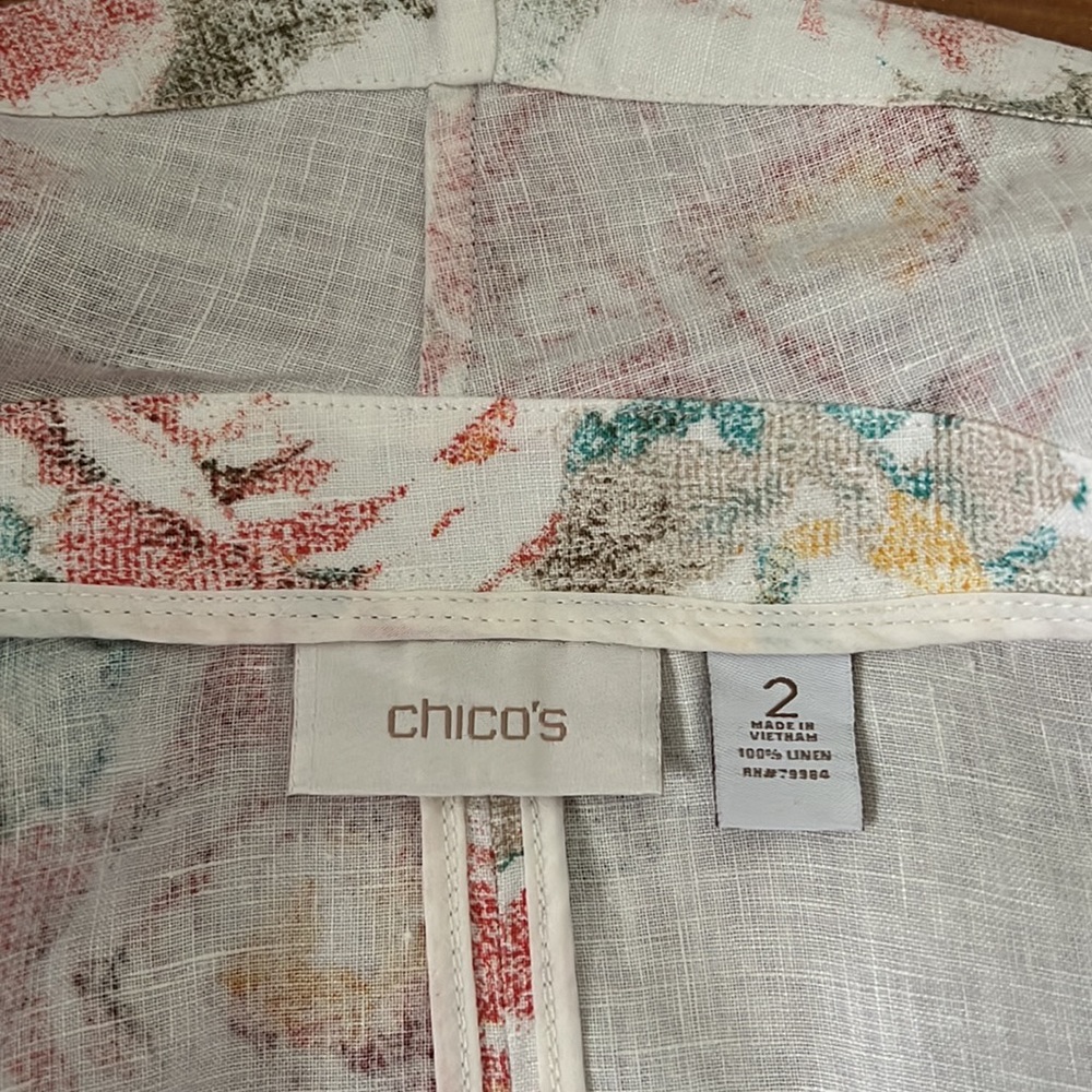 Chico’s Women Sz 2 Open Front Cardigan Linen Tunic Pastel Roses Flowers Floral - Picture 6 of 6